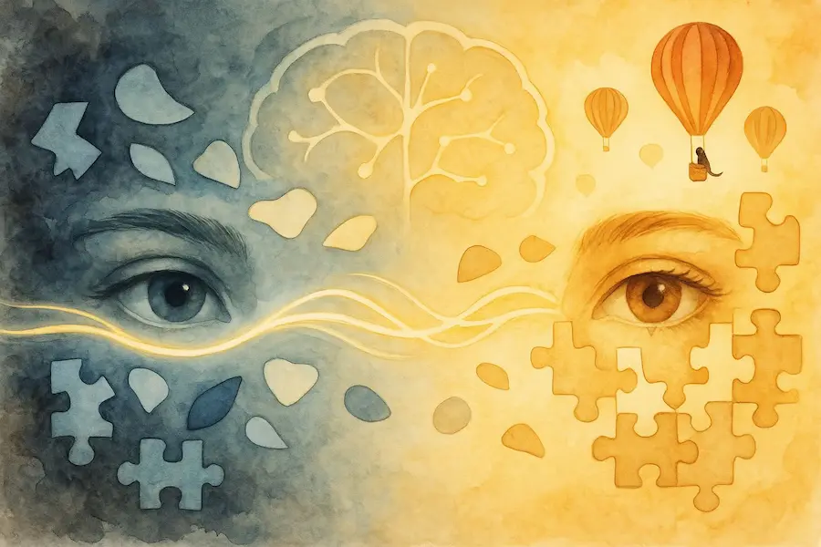 EMDR Aquarell: zwei Augen, verbunden durch fließende Linien, Puzzleteile fügen sich zusammen — Symbolbild für die Verarbeitung belastender Erinnerungen mit EMDR